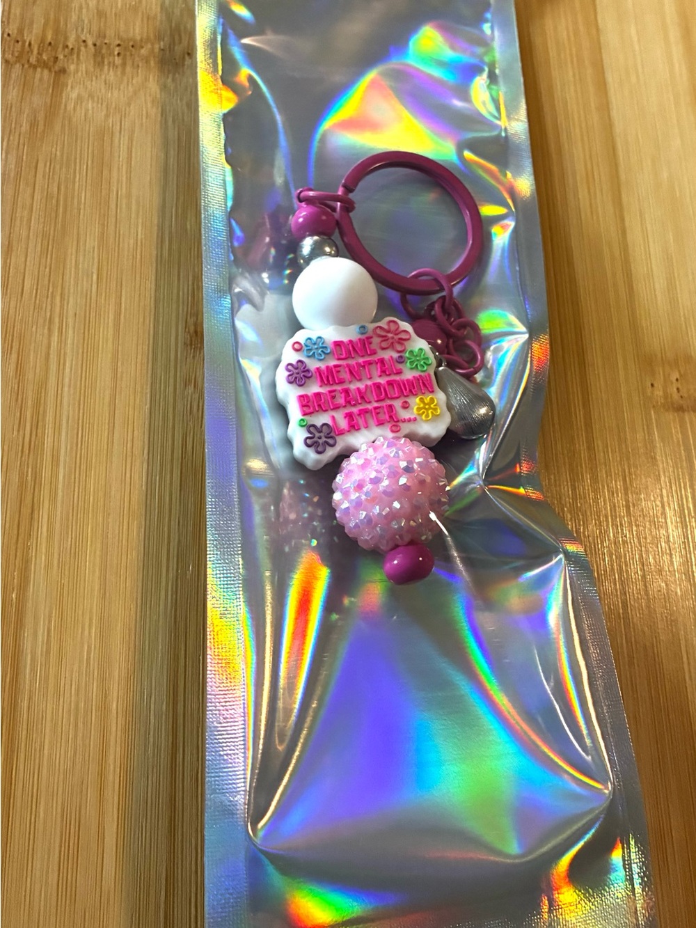 Pink & White 'One Mental Breakdown Later' Beaded Keychain - Picture 4 of 4